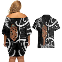 New Zealand Maripi Couples Matching Off Shoulder Short Dress and Hawaiian Shirt Silver Fern Mix Aotearoa Maori Pattern