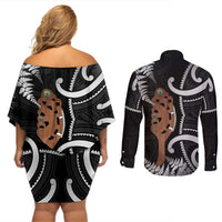 New Zealand Maripi Couples Matching Off Shoulder Short Dress and Long Sleeve Button Shirt Silver Fern Mix Aotearoa Maori Pattern