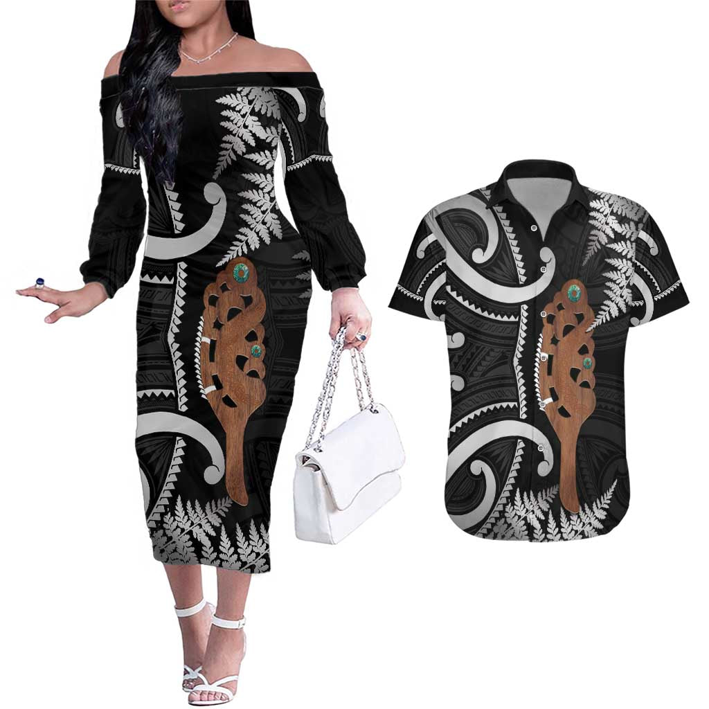 New Zealand Maripi Couples Matching Off The Shoulder Long Sleeve Dress and Hawaiian Shirt Silver Fern Mix Aotearoa Maori Pattern