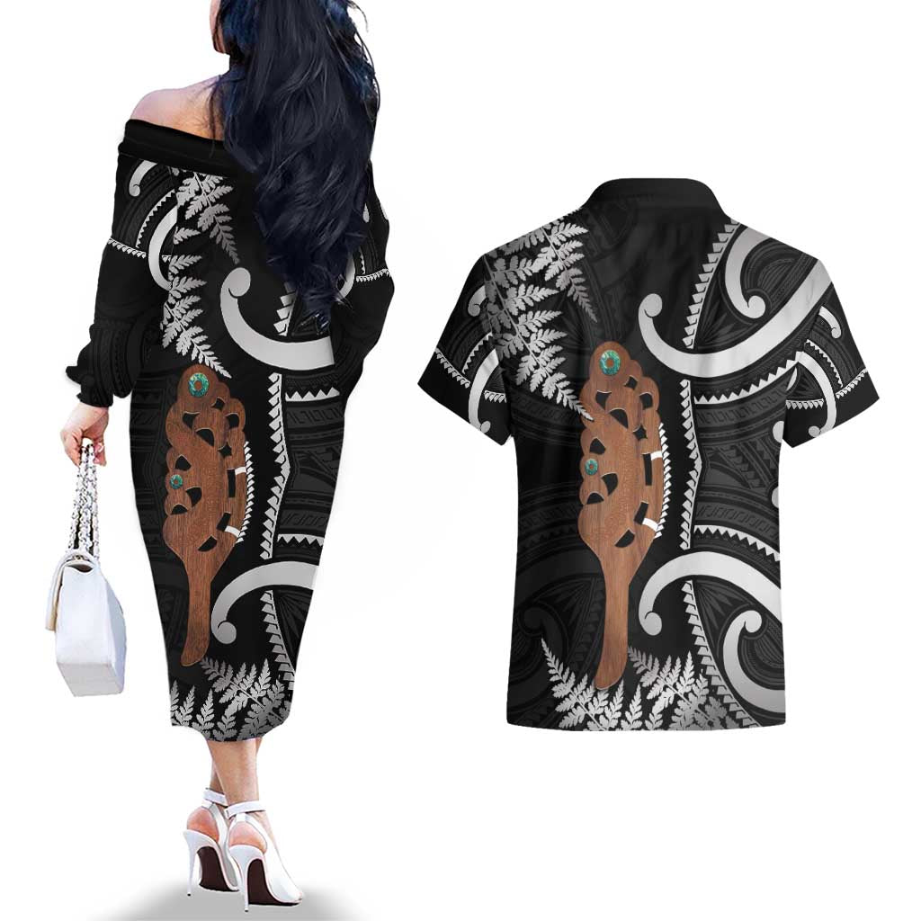 New Zealand Maripi Couples Matching Off The Shoulder Long Sleeve Dress and Hawaiian Shirt Silver Fern Mix Aotearoa Maori Pattern