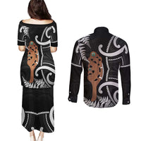 New Zealand Maripi Couples Matching Puletasi and Long Sleeve Button Shirt Silver Fern Mix Aotearoa Maori Pattern