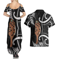 New Zealand Maripi Couples Matching Summer Maxi Dress and Hawaiian Shirt Silver Fern Mix Aotearoa Maori Pattern