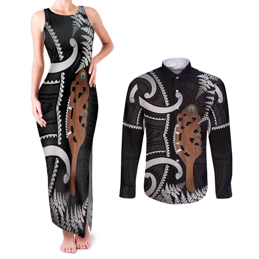 New Zealand Maripi Couples Matching Tank Maxi Dress and Long Sleeve Button Shirt Silver Fern Mix Aotearoa Maori Pattern