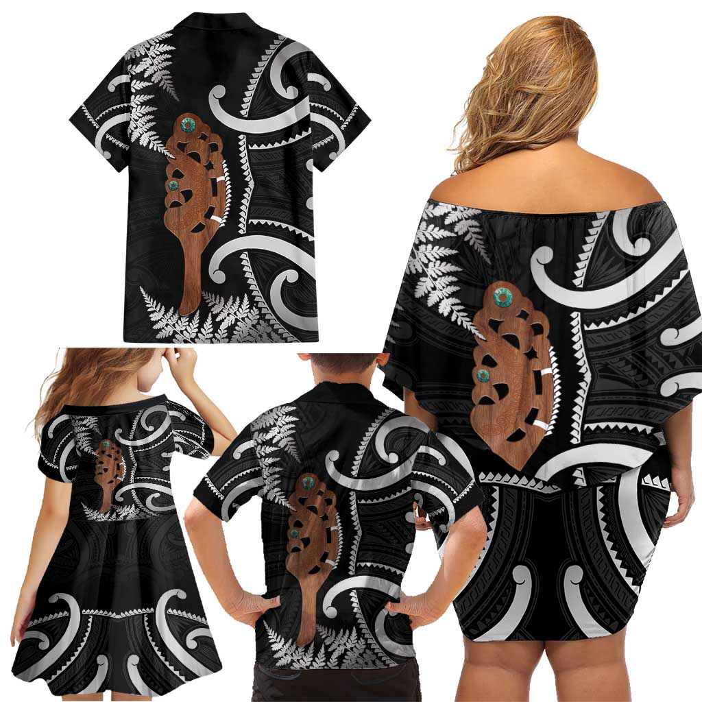 New Zealand Maripi Family Matching Off Shoulder Short Dress and Hawaiian Shirt Silver Fern Mix Aotearoa Maori Pattern