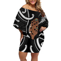 New Zealand Maripi Family Matching Off Shoulder Short Dress and Hawaiian Shirt Silver Fern Mix Aotearoa Maori Pattern