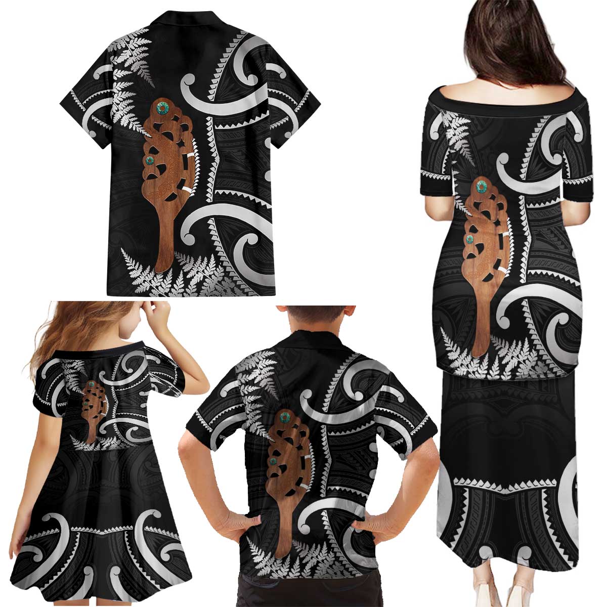 New Zealand Maripi Family Matching Puletasi and Hawaiian Shirt Silver Fern Mix Aotearoa Maori Pattern