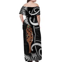 New Zealand Maripi Off Shoulder Maxi Dress Silver Fern Mix Aotearoa Maori Pattern
