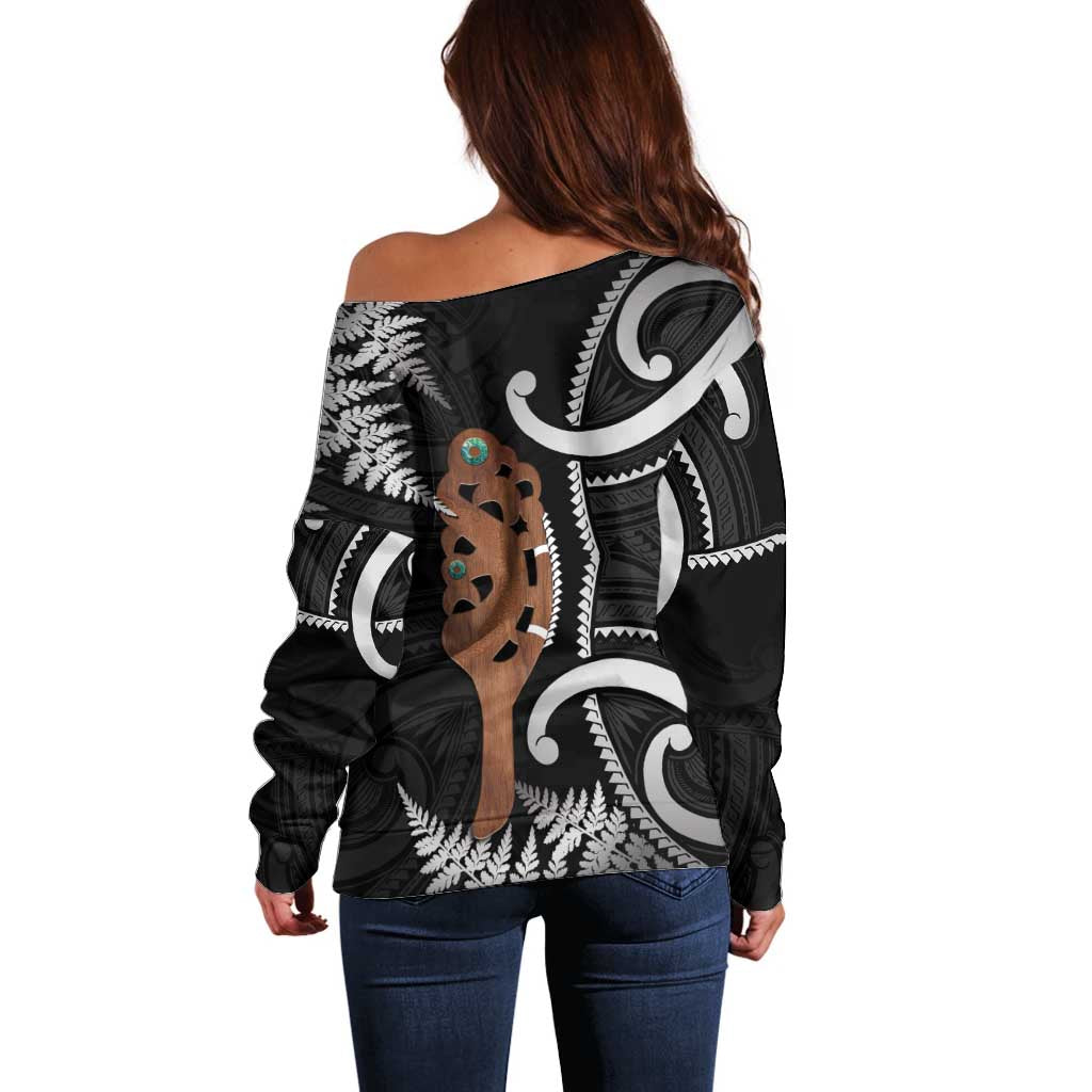 New Zealand Maripi Off Shoulder Sweater Silver Fern Mix Aotearoa Maori Pattern