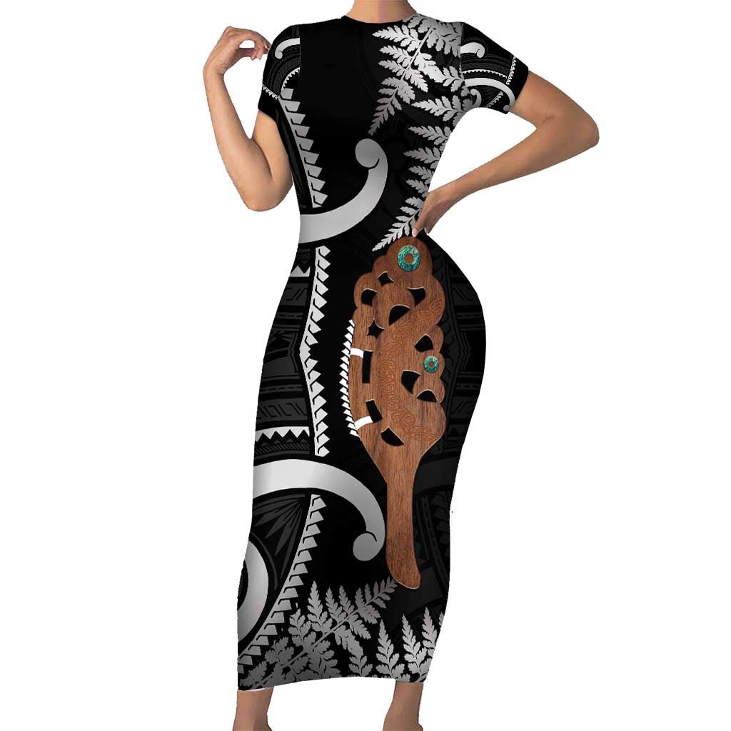 New Zealand Maripi Short Sleeve Bodycon Dress Silver Fern Mix Aotearoa Maori Pattern