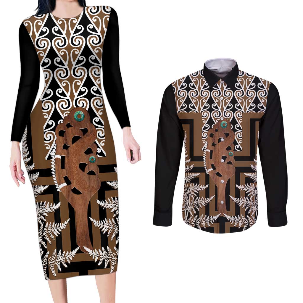 New Zealand Couples Matching Long Sleeve Bodycon Dress and Long Sleeve Button Shirt Maori Maripi Knife With Poutama Art