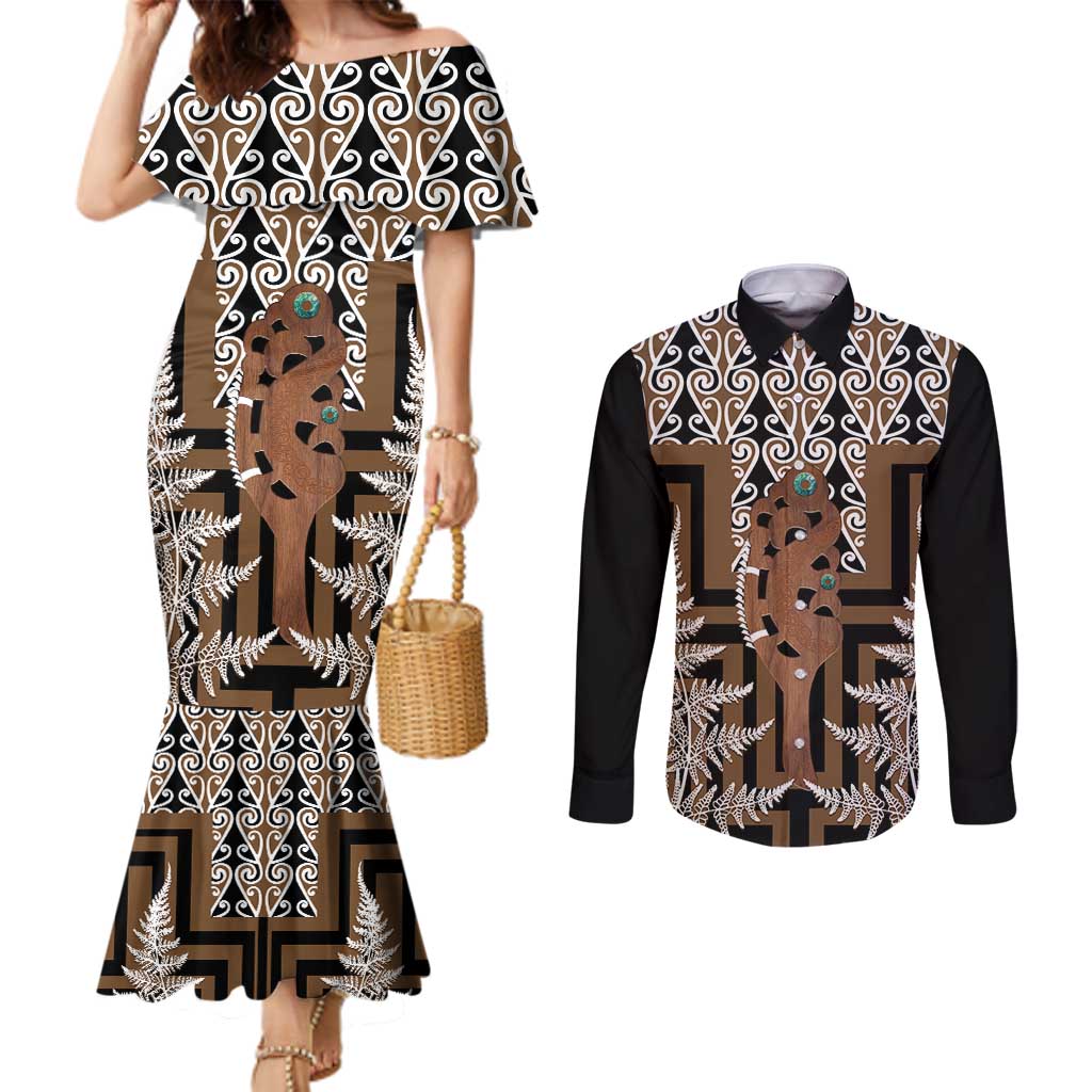 New Zealand Couples Matching Mermaid Dress and Long Sleeve Button Shirt Maori Maripi Knife With Poutama Art