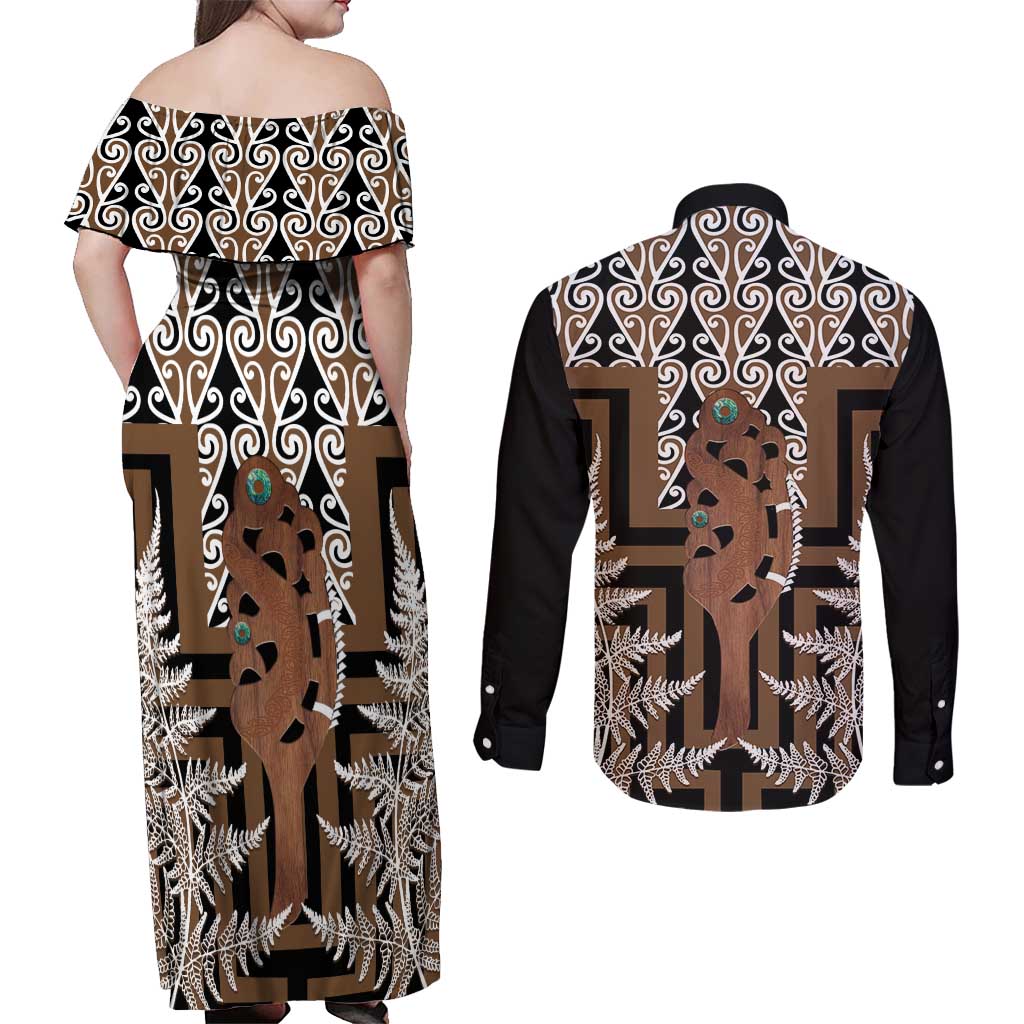 New Zealand Couples Matching Off Shoulder Maxi Dress and Long Sleeve Button Shirt Maori Maripi Knife With Poutama Art