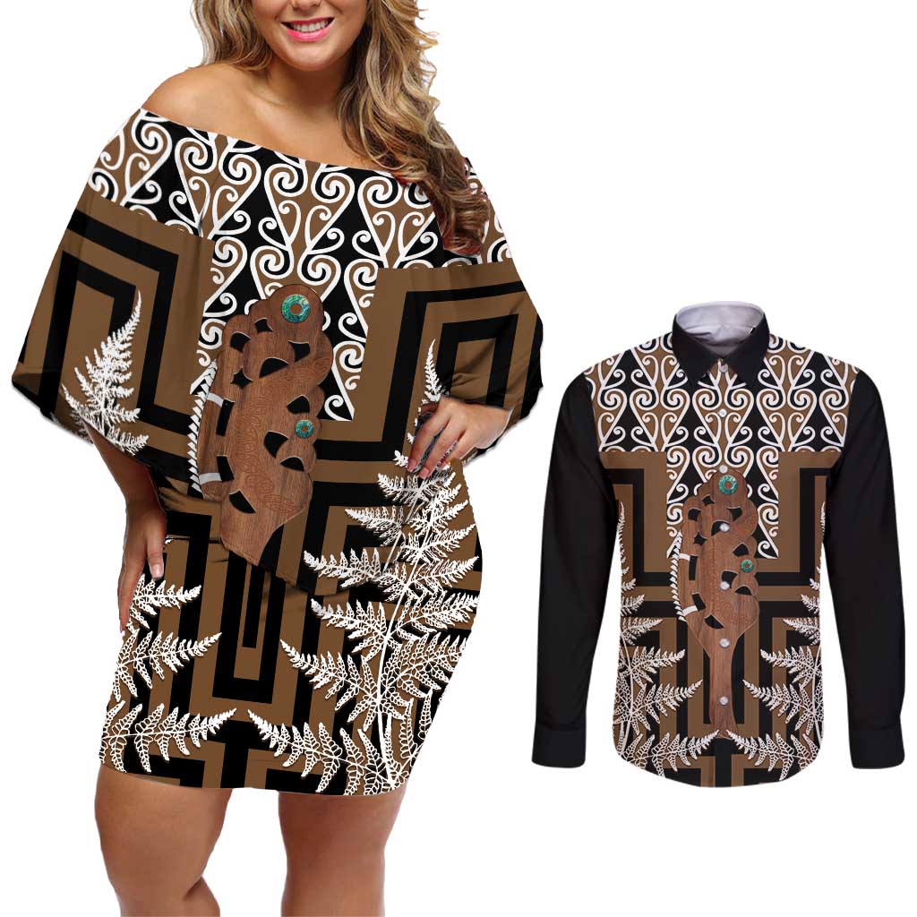 New Zealand Couples Matching Off Shoulder Short Dress and Long Sleeve Button Shirt Maori Maripi Knife With Poutama Art