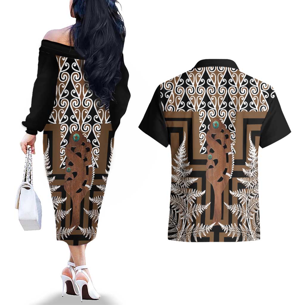 New Zealand Couples Matching Off The Shoulder Long Sleeve Dress and Hawaiian Shirt Maori Maripi Knife With Poutama Art
