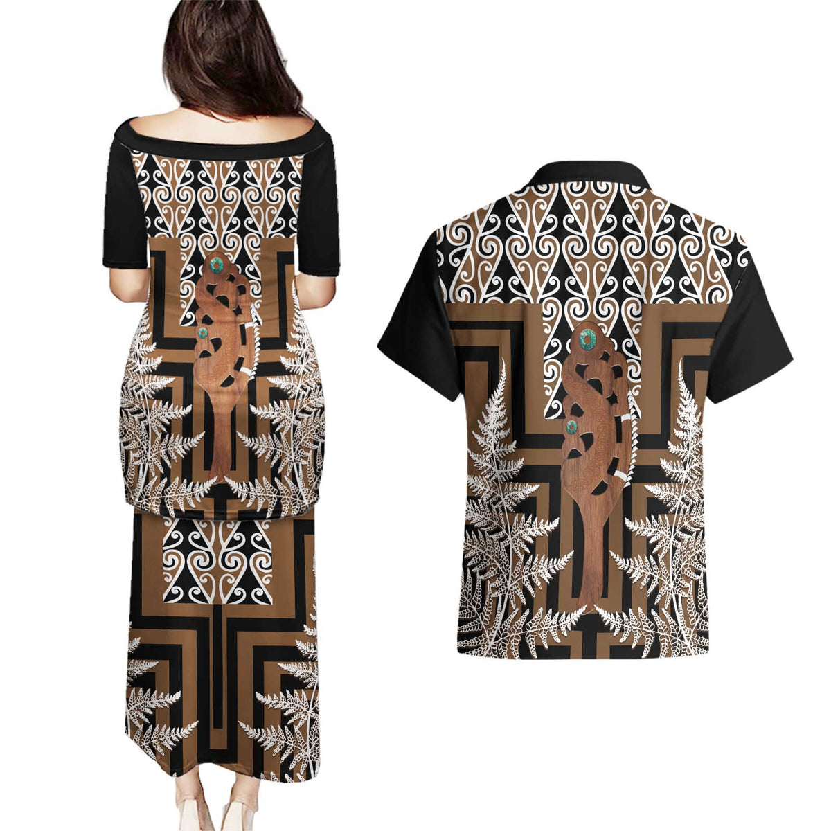 New Zealand Couples Matching Puletasi and Hawaiian Shirt Maori Maripi Knife With Poutama Art