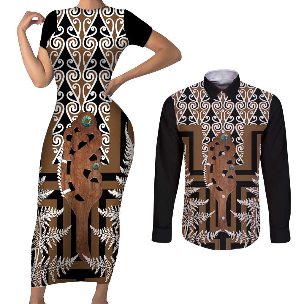 New Zealand Couples Matching Short Sleeve Bodycon Dress and Long Sleeve Button Shirt Maori Maripi Knife With Poutama Art