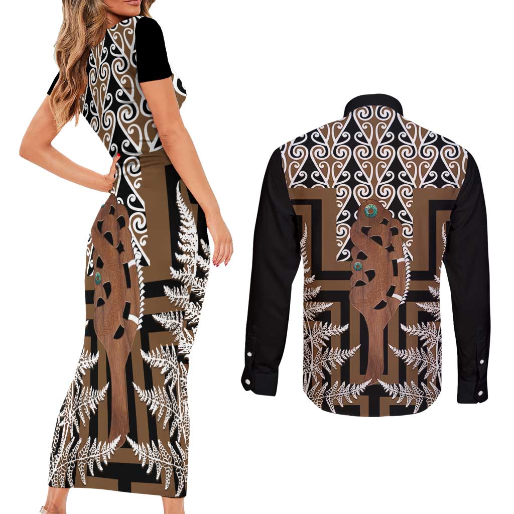 New Zealand Couples Matching Short Sleeve Bodycon Dress and Long Sleeve Button Shirt Maori Maripi Knife With Poutama Art