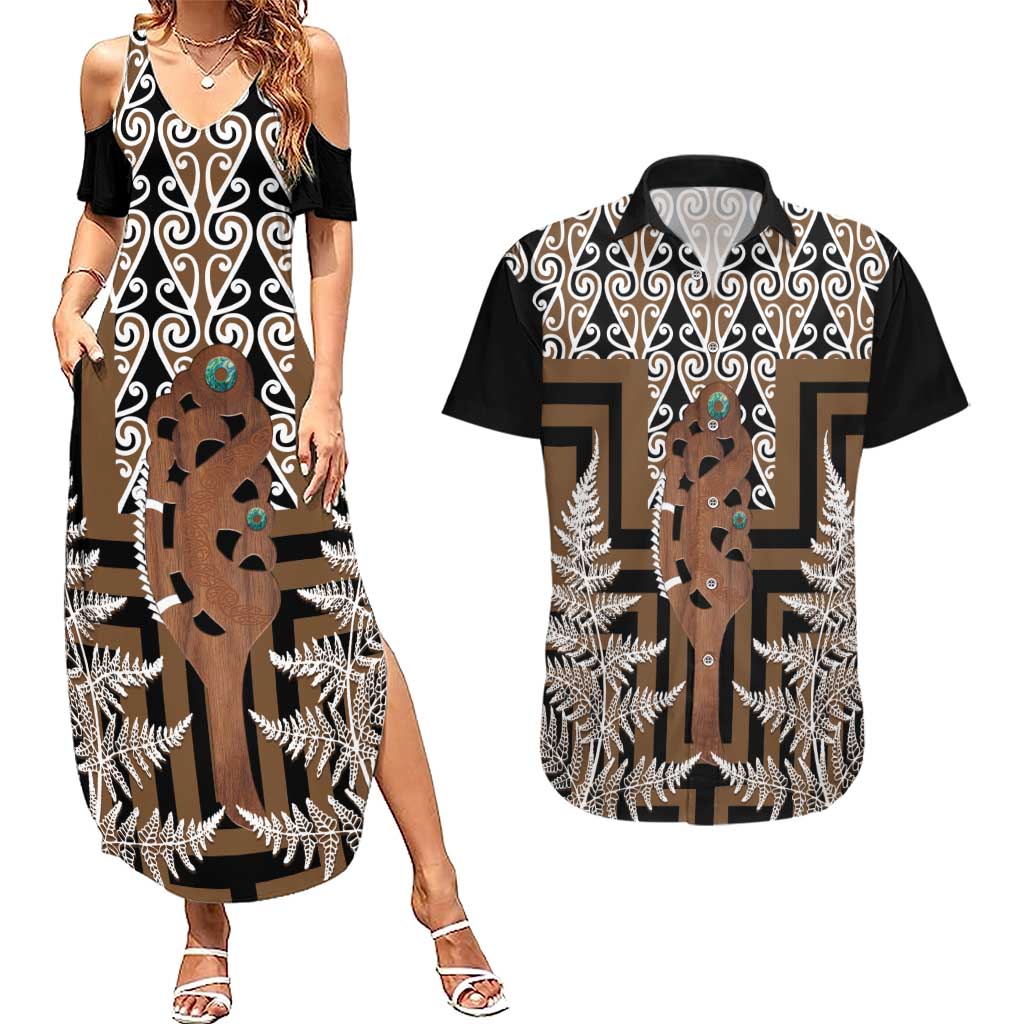 New Zealand Couples Matching Summer Maxi Dress and Hawaiian Shirt Maori Maripi Knife With Poutama Art