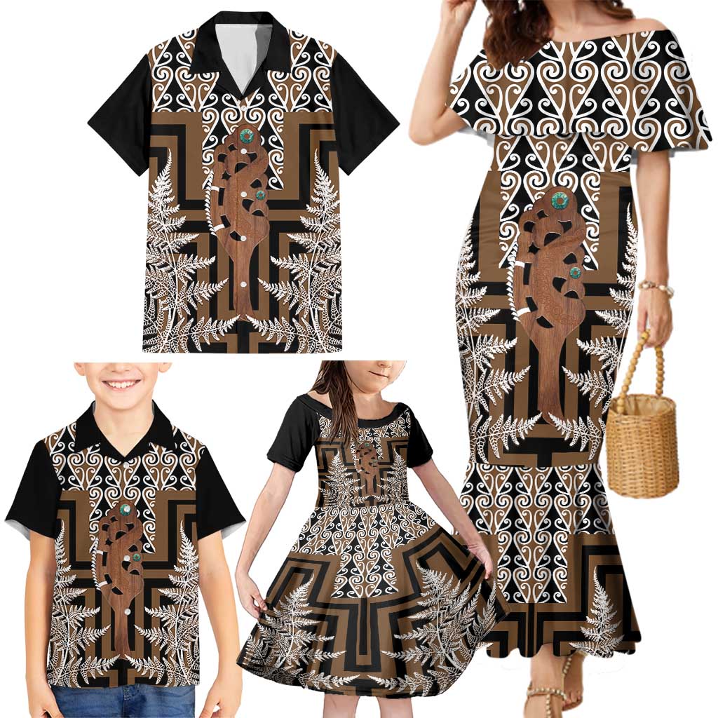 New Zealand Family Matching Mermaid Dress and Hawaiian Shirt Maori Maripi Knife With Poutama Art