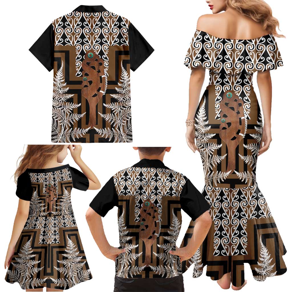 New Zealand Family Matching Mermaid Dress and Hawaiian Shirt Maori Maripi Knife With Poutama Art