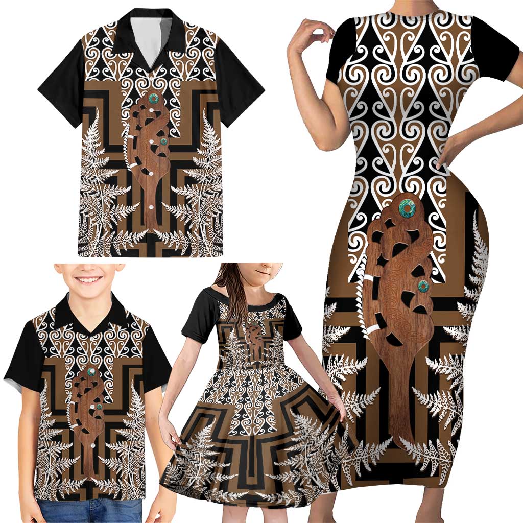New Zealand Family Matching Short Sleeve Bodycon Dress and Hawaiian Shirt Maori Maripi Knife With Poutama Art