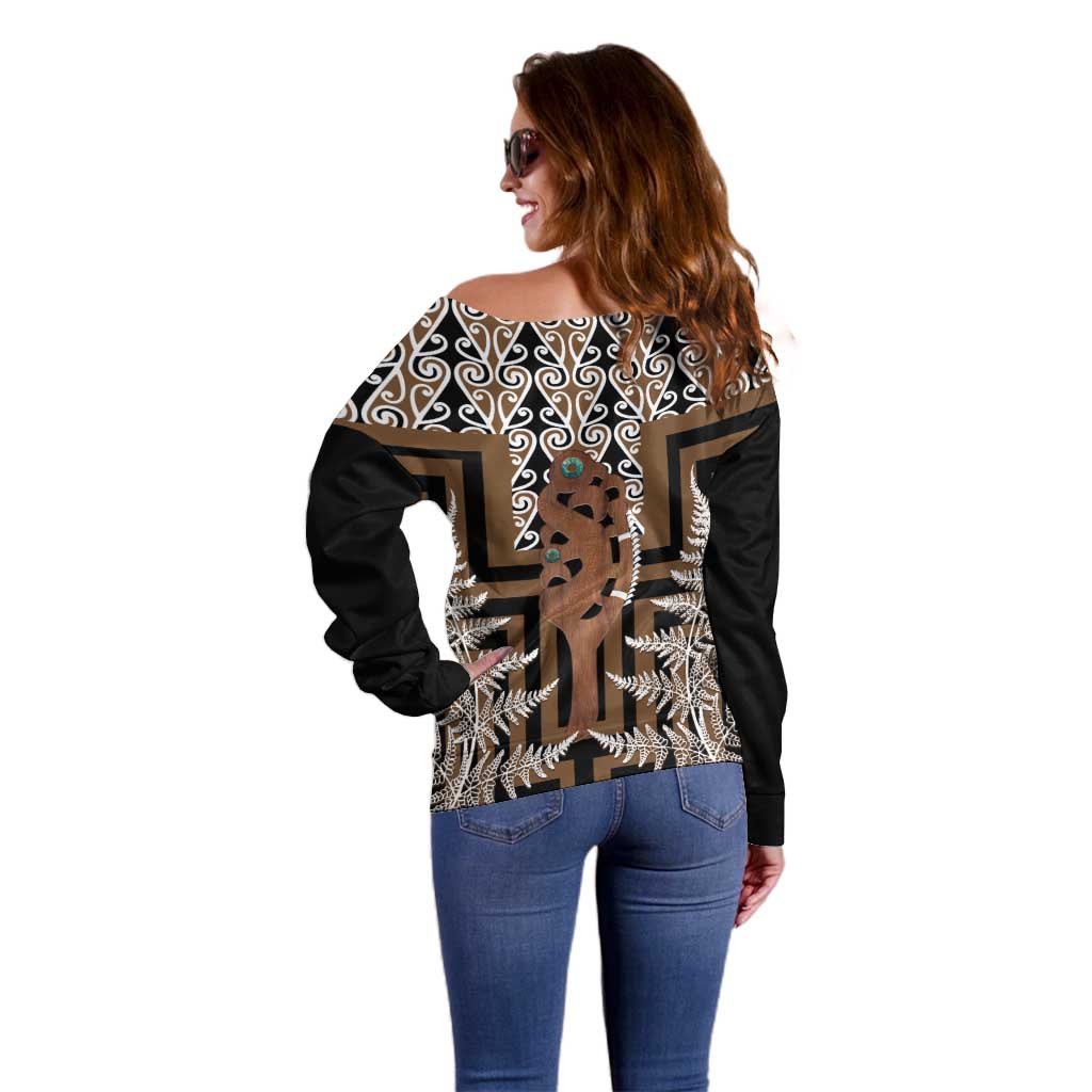 New Zealand Off Shoulder Sweater Maori Maripi Knife With Poutama Art