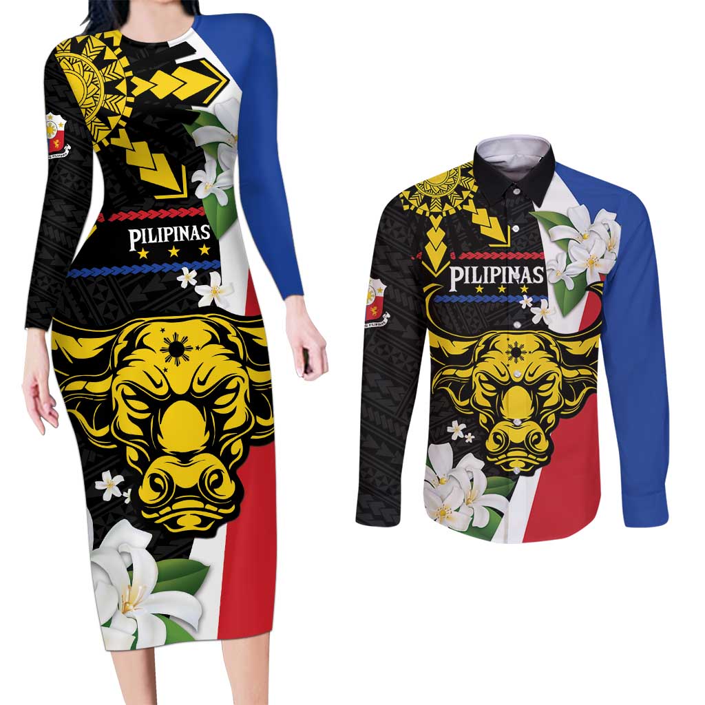Personalised Philippines Carabao Couples Matching Long Sleeve Bodycon Dress and Long Sleeve Button Shirt Filipino Sun Mix Sampaguita Flower