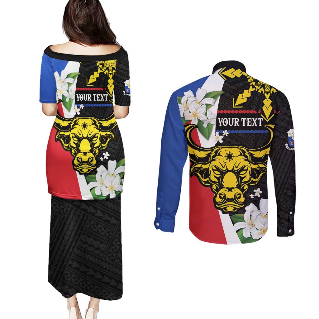 Personalised Philippines Carabao Couples Matching Puletasi and Long Sleeve Button Shirt Filipino Sun Mix Sampaguita Flower