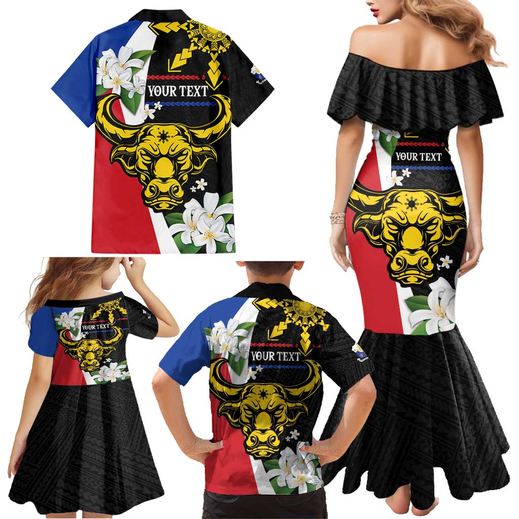 Personalised Philippines Carabao Family Matching Mermaid Dress and Hawaiian Shirt Filipino Sun Mix Sampaguita Flower