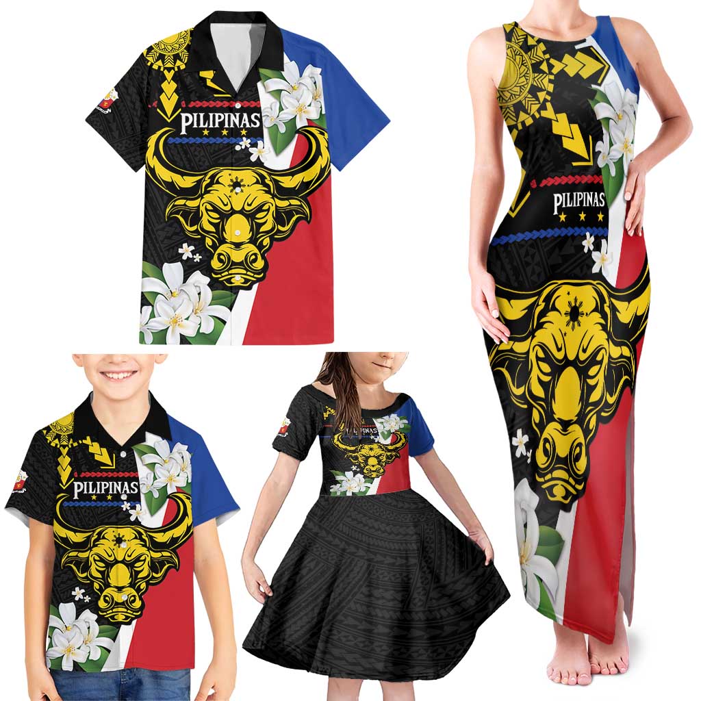 Personalised Philippines Carabao Family Matching Tank Maxi Dress and Hawaiian Shirt Filipino Sun Mix Sampaguita Flower