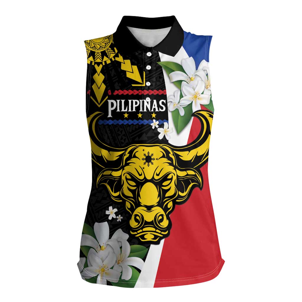 Personalised Philippines Carabao Women Sleeveless Polo Shirt Filipino Sun Mix Sampaguita Flower