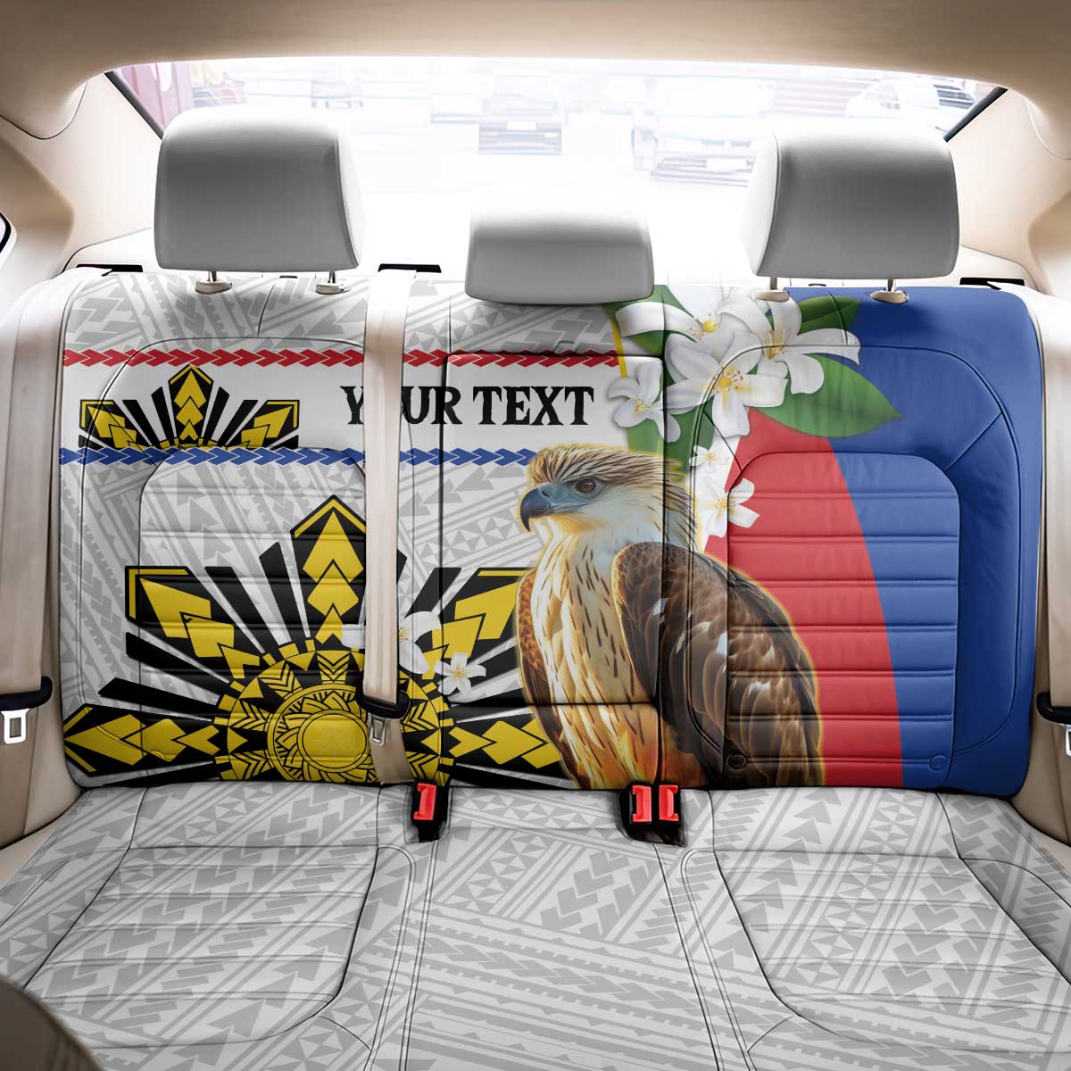 Personalised Philippines Eagle Back Car Seat Cover Filipino Sun Mix Sampaguita Flower
