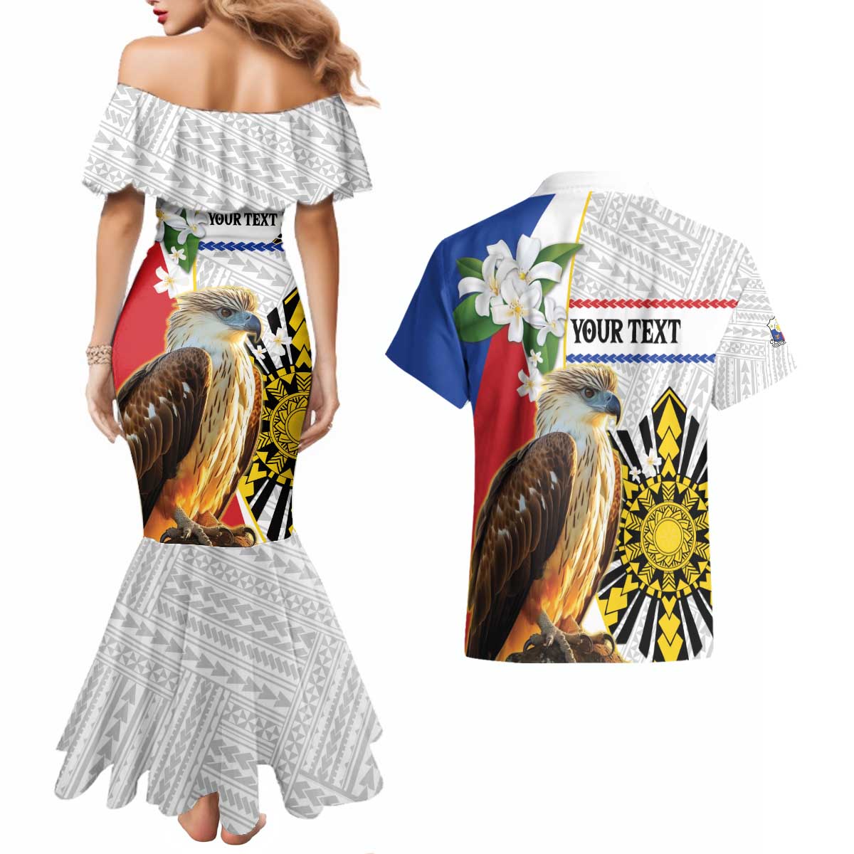 Personalised Philippines Eagle Couples Matching Mermaid Dress and Hawaiian Shirt Filipino Sun Mix Sampaguita Flower