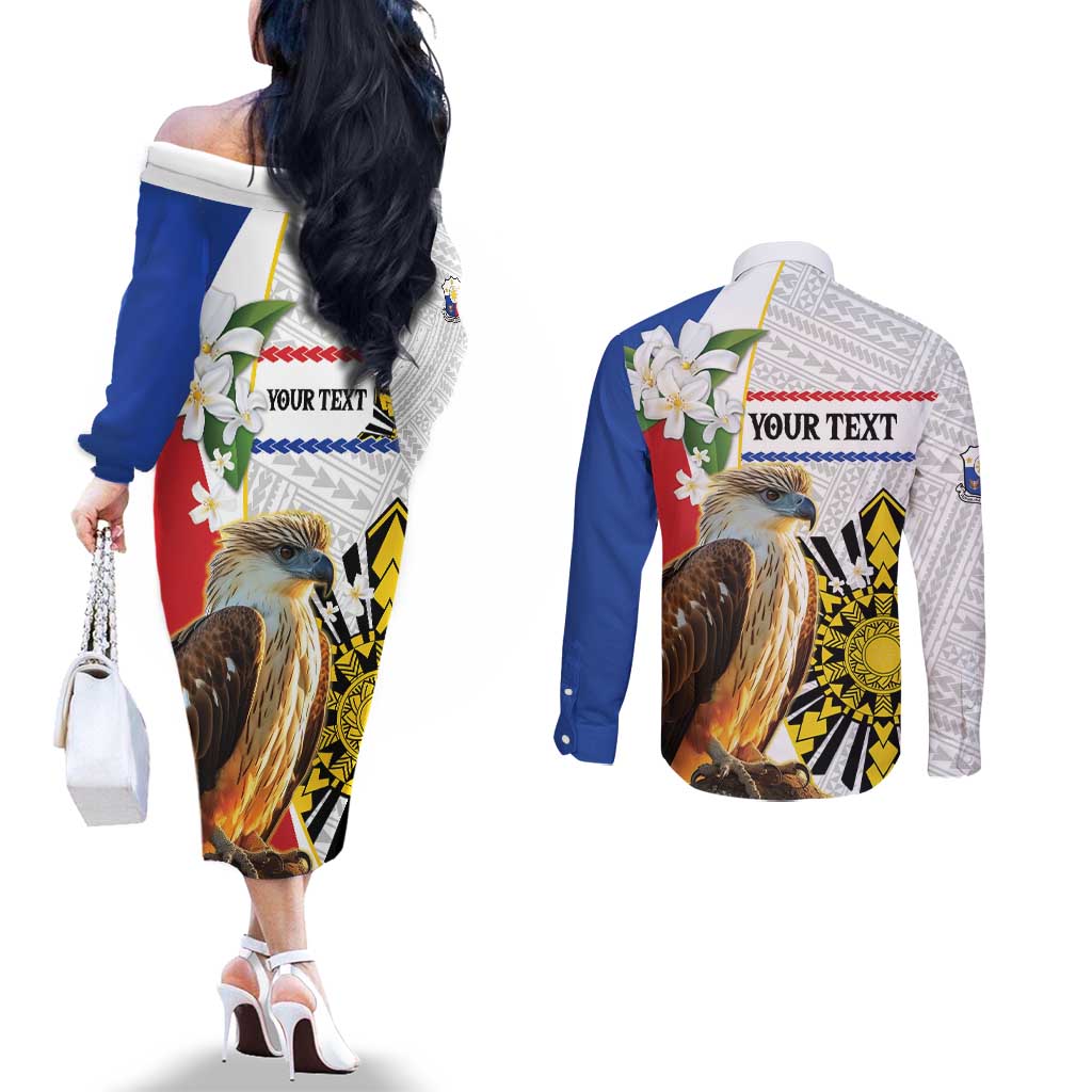 Personalised Philippines Eagle Couples Matching Off The Shoulder Long Sleeve Dress and Long Sleeve Button Shirt Filipino Sun Mix Sampaguita Flower