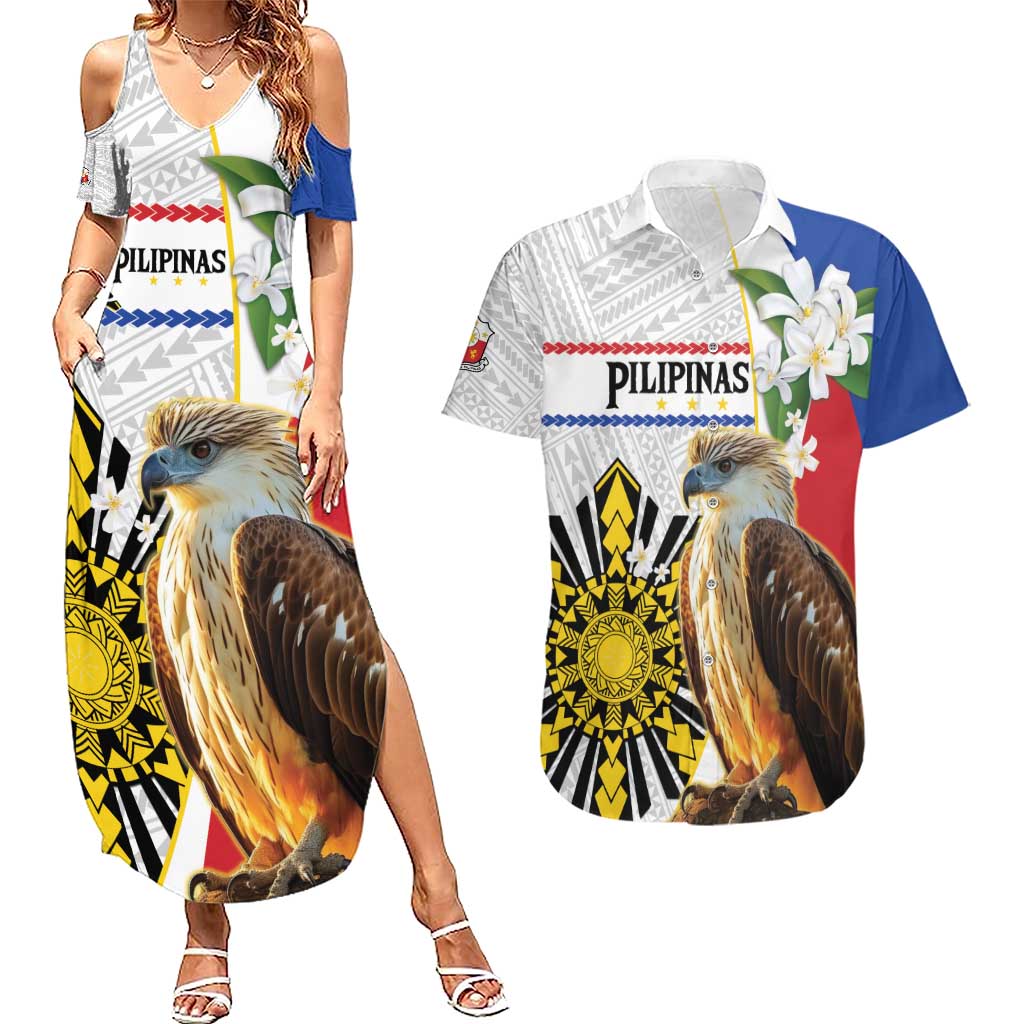 Personalised Philippines Eagle Couples Matching Summer Maxi Dress and Hawaiian Shirt Filipino Sun Mix Sampaguita Flower
