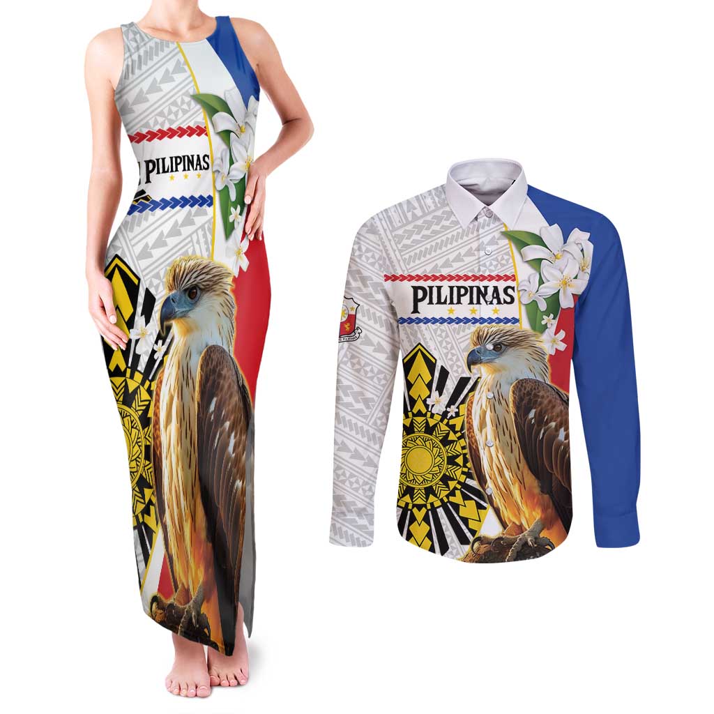 Personalised Philippines Eagle Couples Matching Tank Maxi Dress and Long Sleeve Button Shirt Filipino Sun Mix Sampaguita Flower