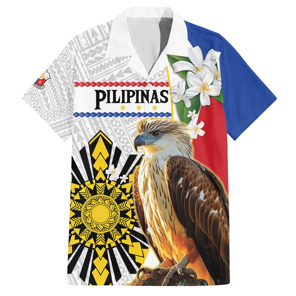 Personalised Philippines Eagle Family Matching Tank Maxi Dress and Hawaiian Shirt Filipino Sun Mix Sampaguita Flower LT14 Dad's Shirt - Short Sleeve White - Polynesian Pride