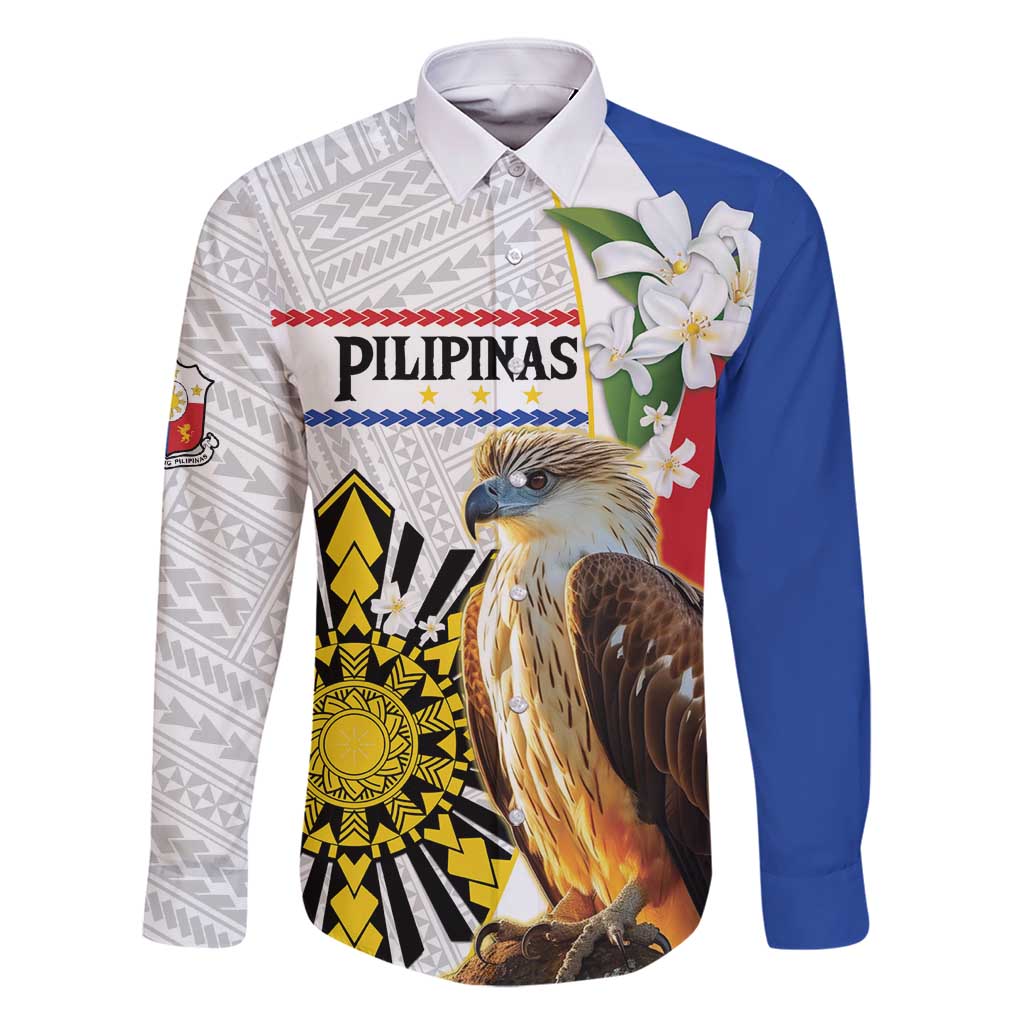 Personalised Philippines Eagle Family Matching Tank Maxi Dress and Hawaiian Shirt Filipino Sun Mix Sampaguita Flower LT14 Dad's Shirt - Long Sleeve White - Polynesian Pride