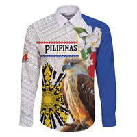 Personalised Philippines Eagle Family Matching Tank Maxi Dress and Hawaiian Shirt Filipino Sun Mix Sampaguita Flower LT14 Dad's Shirt - Long Sleeve White - Polynesian Pride