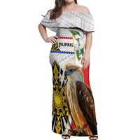 Personalised Philippines Eagle Off Shoulder Maxi Dress Filipino Sun Mix Sampaguita Flower LT14 Women White - Polynesian Pride