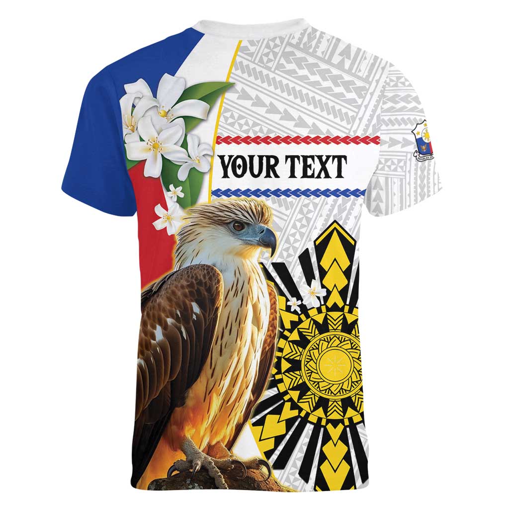 Personalised Philippines Eagle Women V-Neck T-Shirt Filipino Sun Mix Sampaguita Flower LT14 - Polynesian Pride