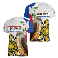 Personalised Philippines Eagle Women V-Neck T-Shirt Filipino Sun Mix Sampaguita Flower LT14 - Polynesian Pride