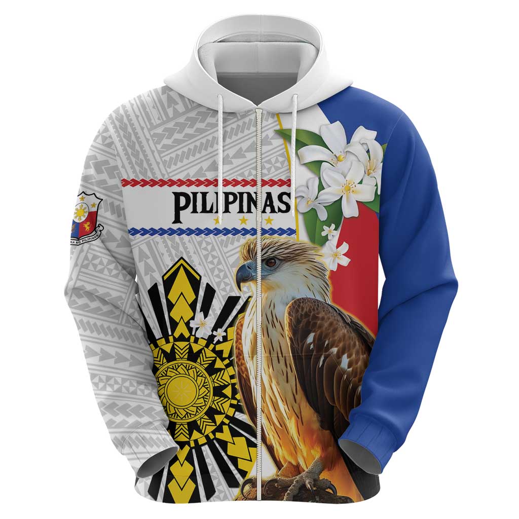 Personalised Philippines Eagle Zip Hoodie Filipino Sun Mix Sampaguita Flower