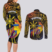 Philippines Sarimanok Couples Matching Long Sleeve Bodycon Dress and Long Sleeve Button Shirt Papanok Legendary Bird Okir Polynesian Pattern