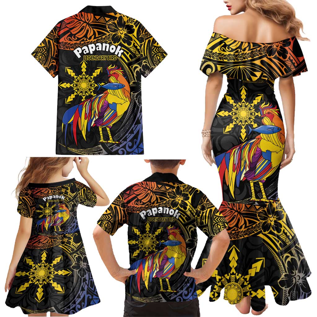 Philippines Sarimanok Family Matching Mermaid Dress and Hawaiian Shirt Papanok Legendary Bird Okir Polynesian Pattern
