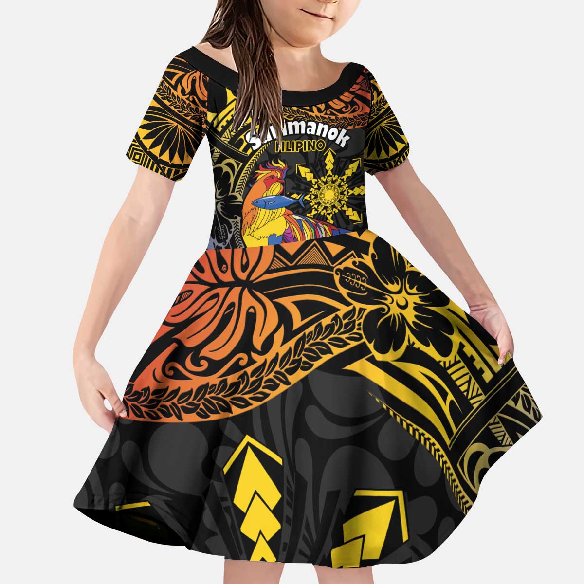 Philippines Sarimanok Kid Short Sleeve Dress Papanok Legendary Bird Okir Polynesian Pattern LT14 KID Black - Polynesian Pride