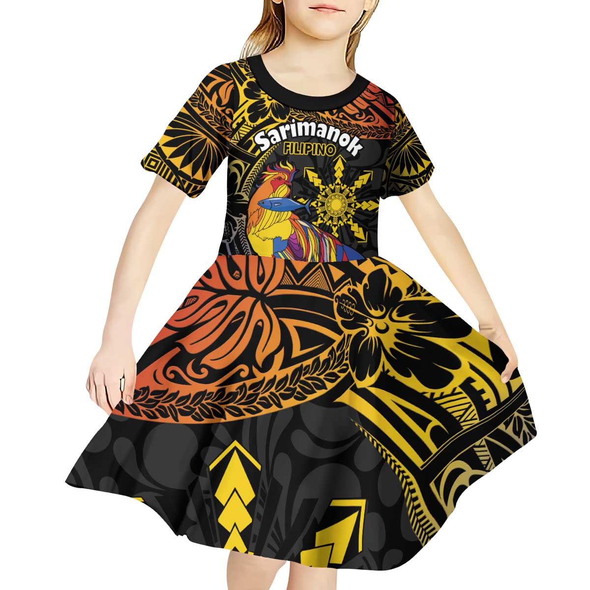 Philippines Sarimanok Kid Short Sleeve Dress Papanok Legendary Bird Okir Polynesian Pattern LT14 - Polynesian Pride