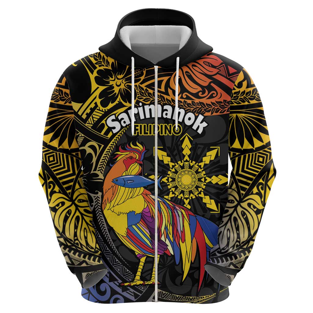 Philippines Sarimanok Zip Hoodie Papanok Legendary Bird Okir Polynesian Pattern