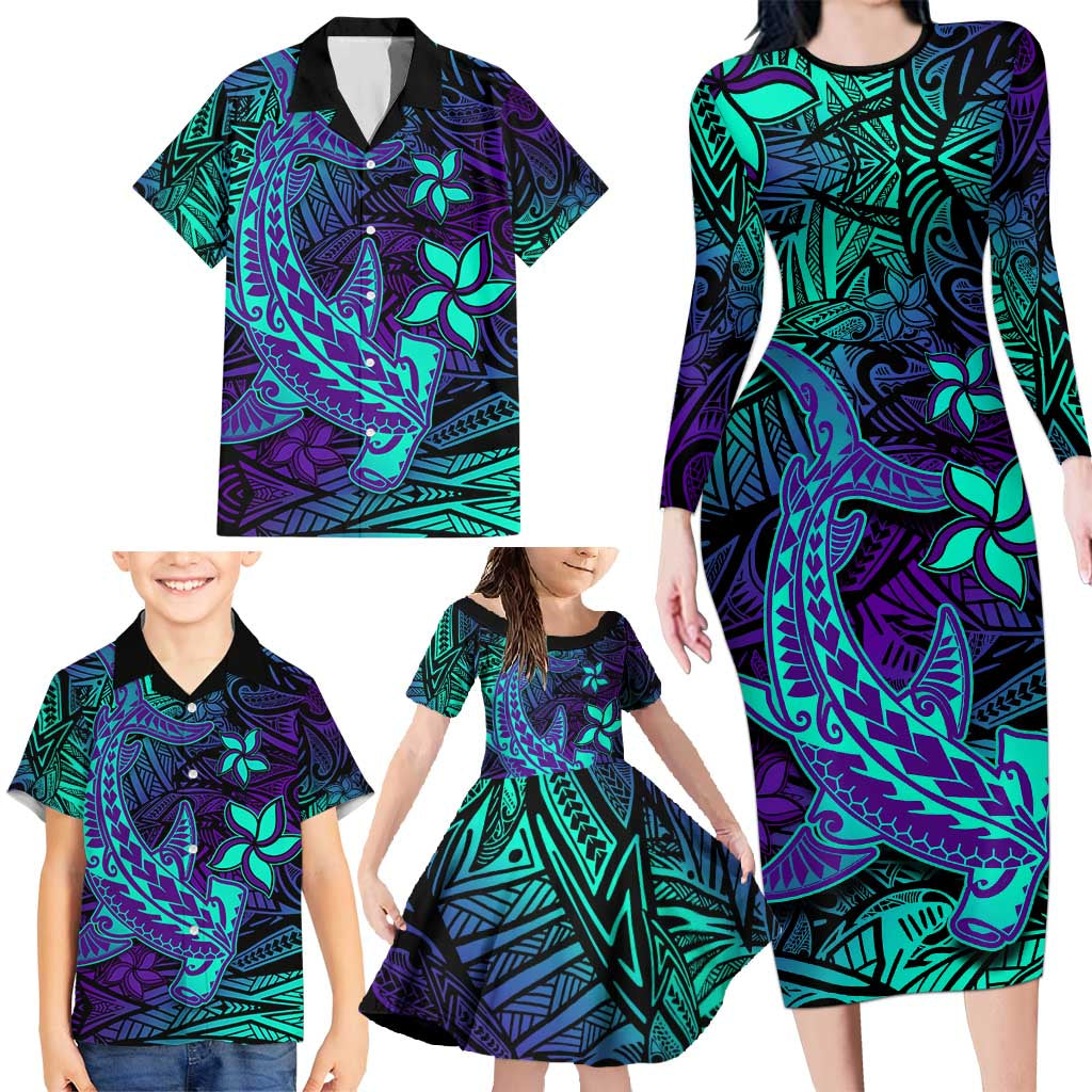 Purple Polynesian Family Matching Long Sleeve Bodycon Dress and Hawaiian Shirt Tribal Hammerhead Shark LT14