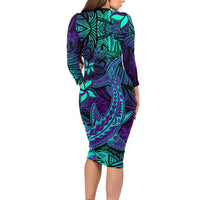 Purple Polynesian Family Matching Long Sleeve Bodycon Dress and Hawaiian Shirt Tribal Hammerhead Shark LT14